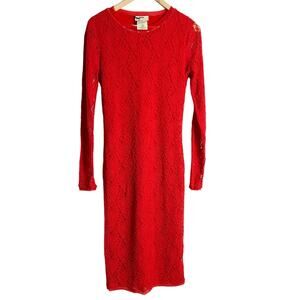 Fuzzi Solid Red Lace Long Sleeve Crewneck Midi Dress Size XL